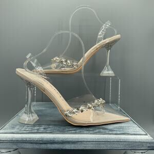 NEW Mackin J Women’s Rhinestone Clear Heel Dress Shoes Beige Size 10